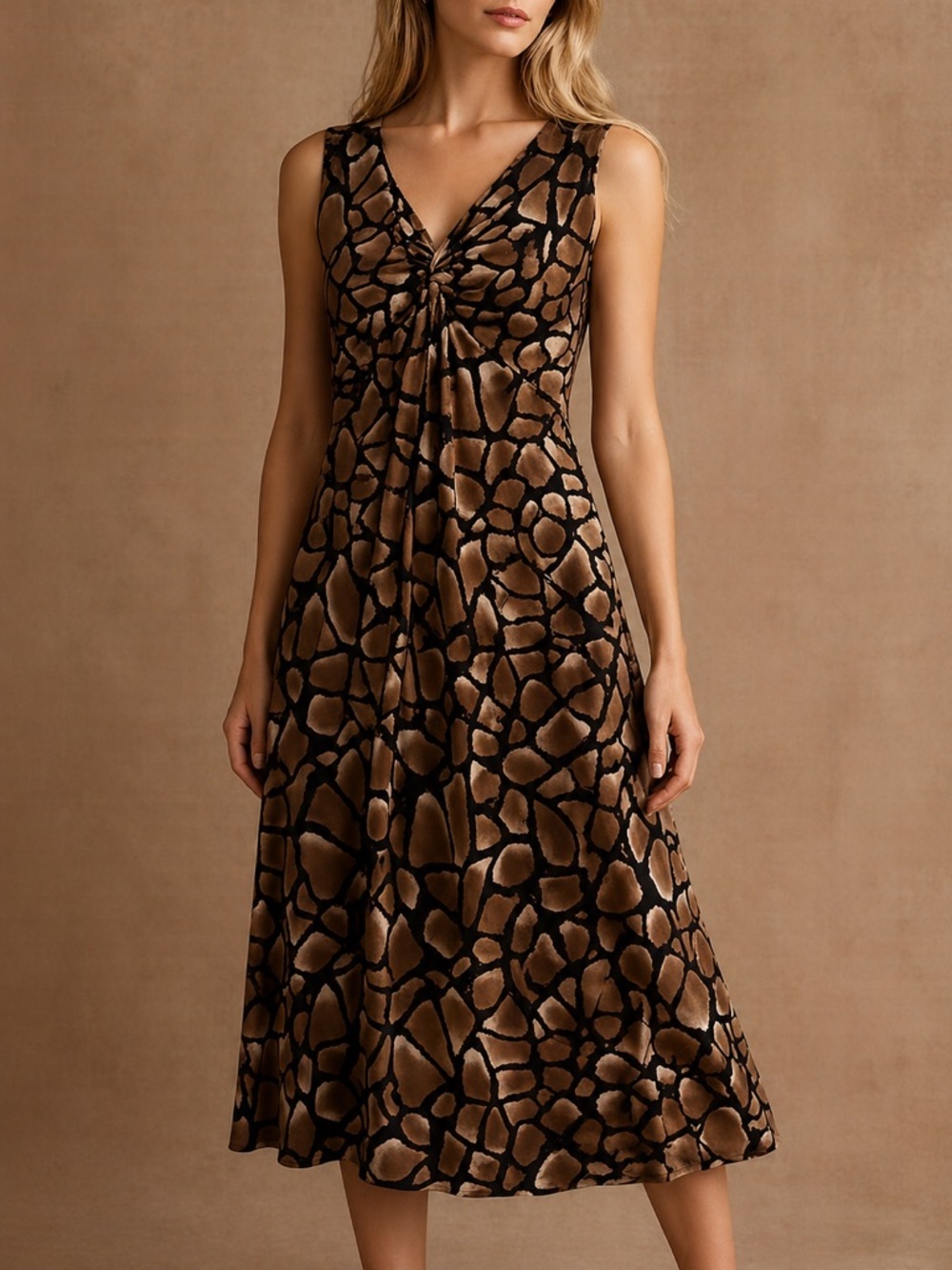 Chico’s Abstract Animal Print Twist Front Midi Dress Brown Black USA M Safari
